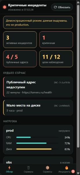 Экран обзора: три активных инцидента, один критичный, доступность публичных адресов, нагрузка серверов